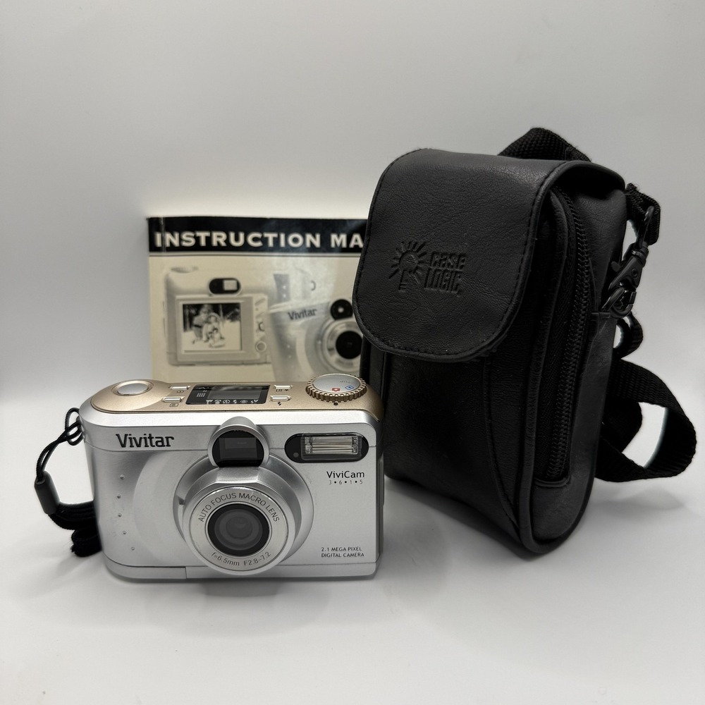 Vintage Vivitar ViviCam 3615 Digital Camera 2.1MP Silver Leather Case Works
